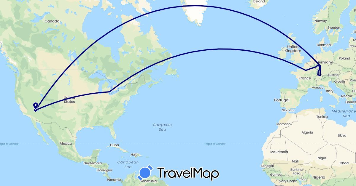 TravelMap itinerary: driving in Switzerland, Germany, France, United States (Europe, North America)
